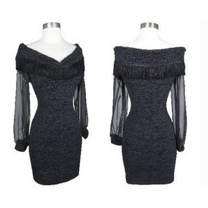 Vintage 80s 90s Black FRINGE Sheer Long Sleeve BodyCon Cocktail Party Dress XS